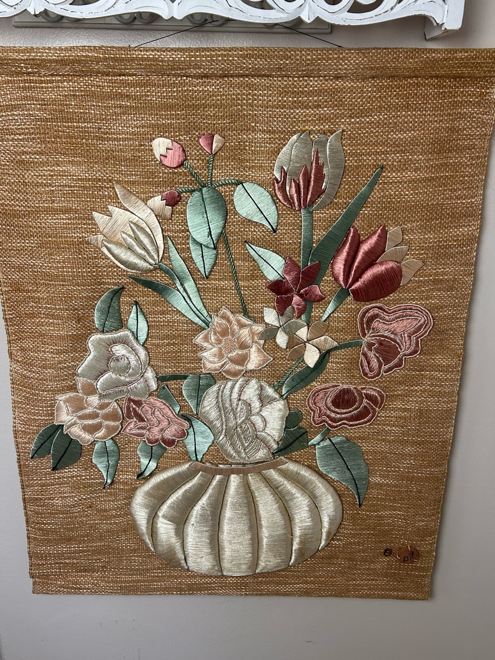 Don Freedman Vintage 80’s Floral Embroidered Jute and Silk Wall Hanging